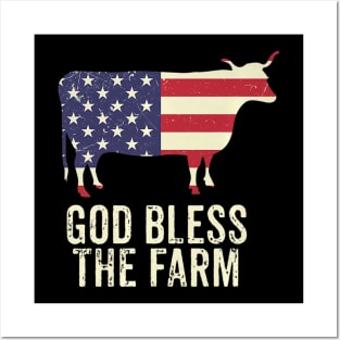 American Flag Cow God Bless The Farm 4th Of July Farming Posters and Art